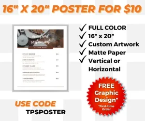image advertises a 16" x 20" poster printing service for $10, highlighting features
