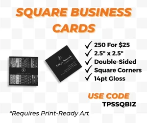 image advertises square business cards from Thompson Print Solutions, highlighting the following features