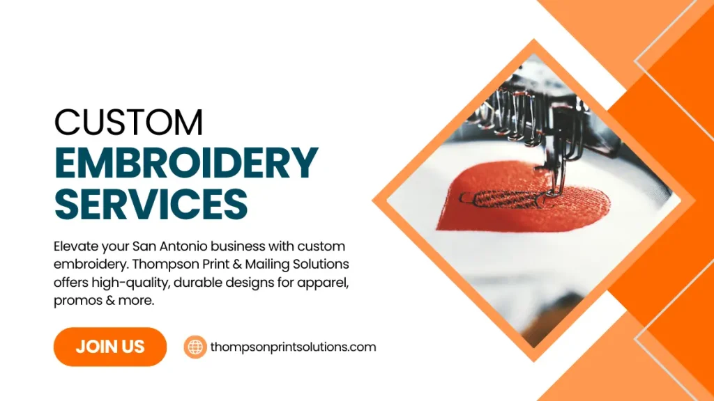 Custom embroidered uniforms featuring a company logo, stitched by Thompson Print & Mailing Solutions in San Antonio