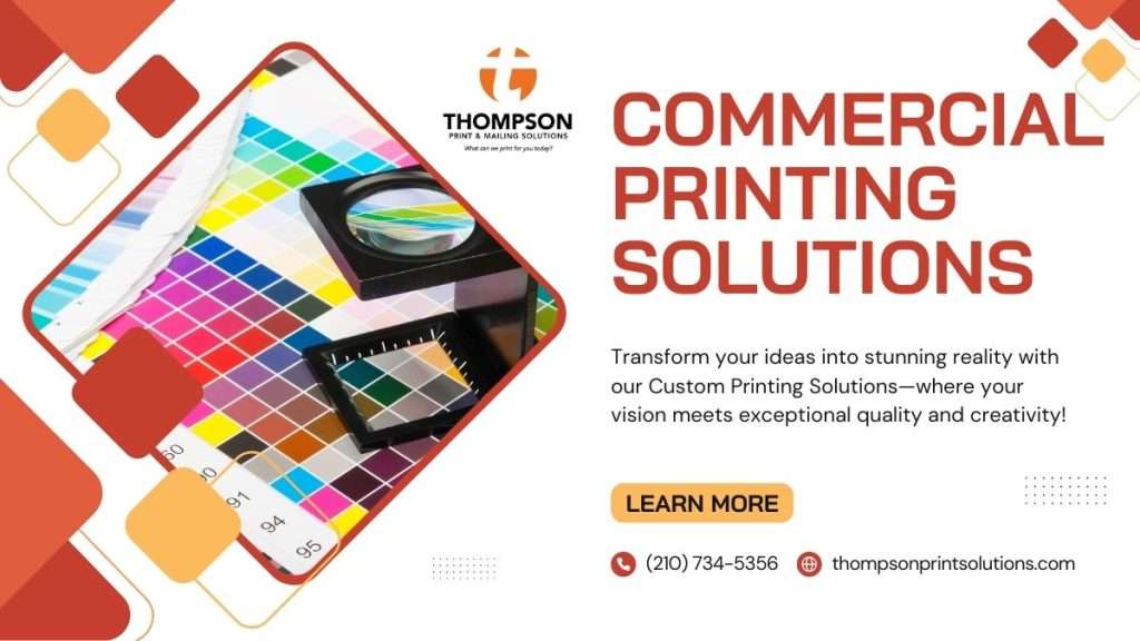 Image featuring color swatches, magnifying tools, and a tagline highlighting commercial printing services with exceptional quality and creativity.