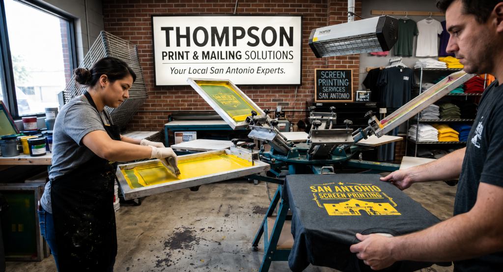 Screen Printing Services in San Antonio - two printers pressing ink onto a custom t-shirt - Thompson Print & Mailing Solutions